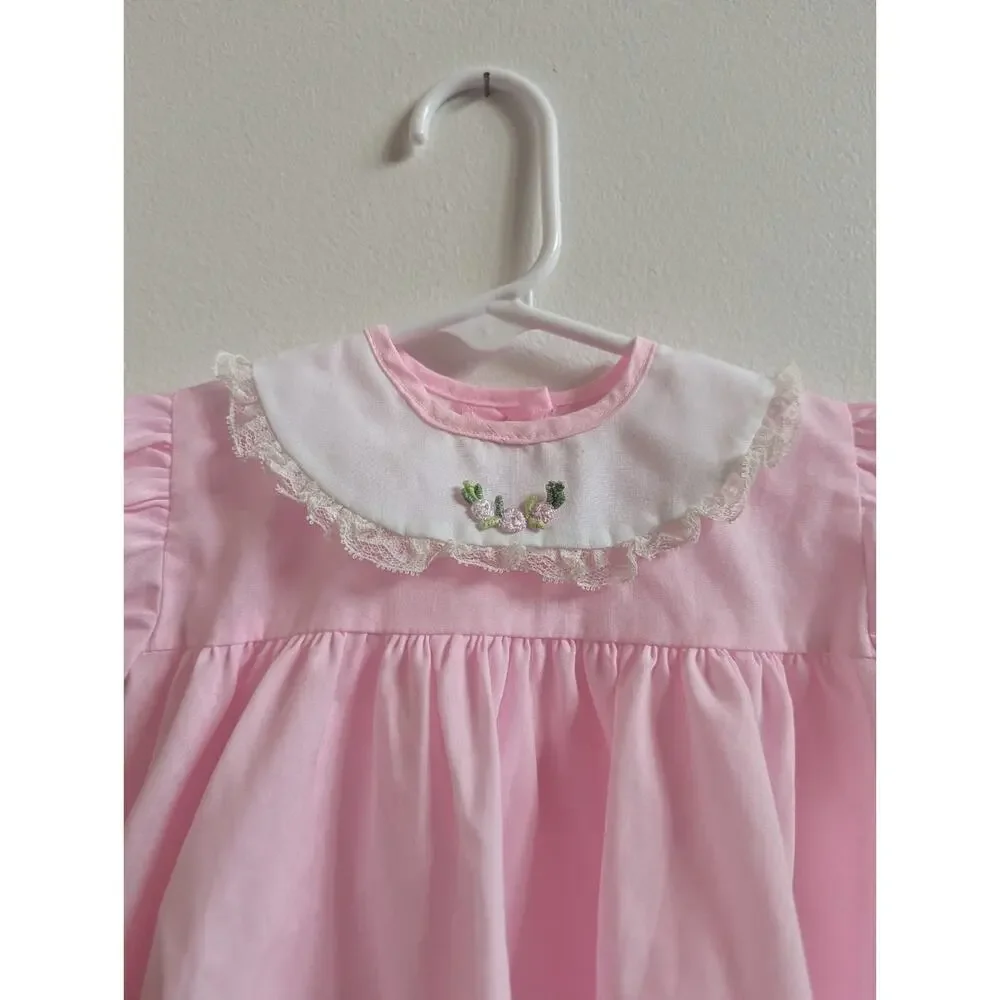 Vtg Mini World 12m Dress Baby Girls Pink Lace Frilly